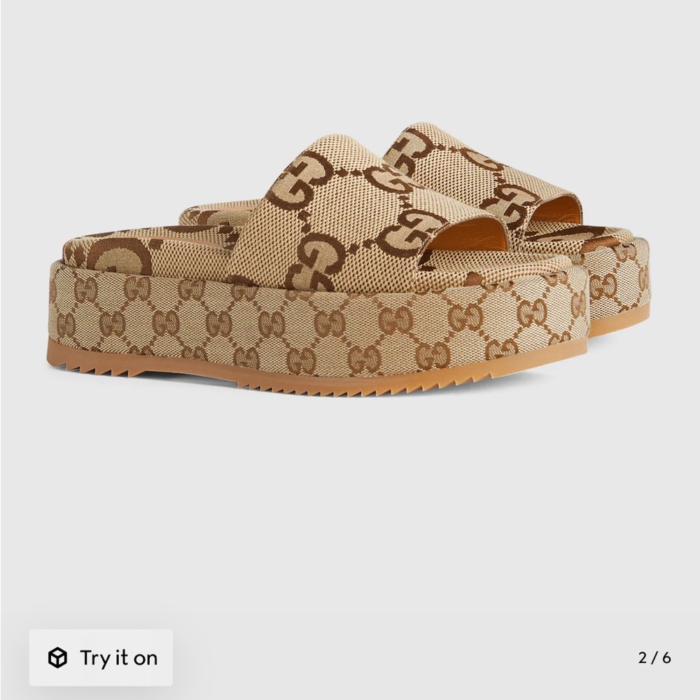 Gucci Beige and Brown platform GG Pattern Slides-worn once! Comes with bag/box - Picture 6 of 14